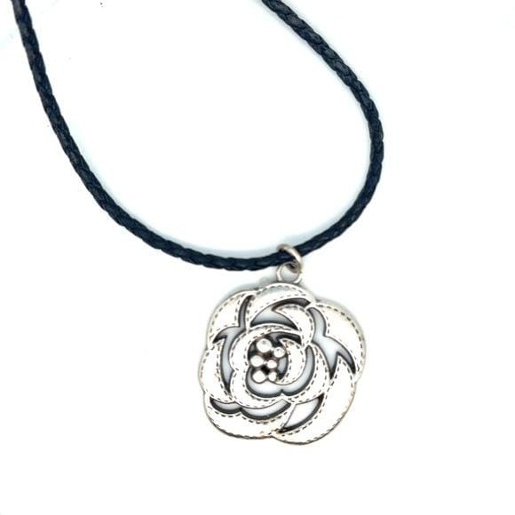 Brighton Silver Flower Pendant on Black Braided Cord