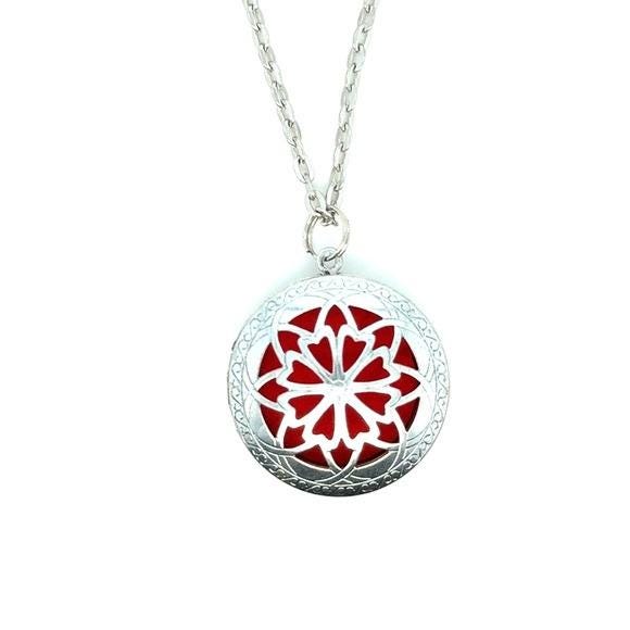 Silver Floral Locket Necklace with Red Accent (n3)