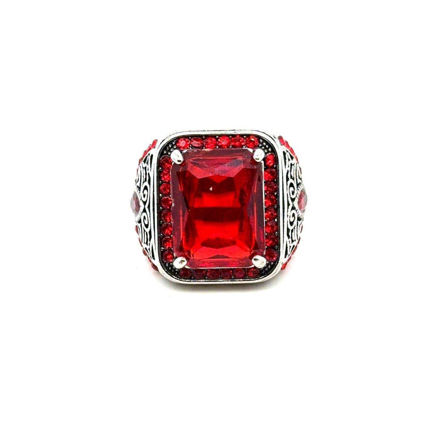 Silver Tone Large Garnet Colored Stones Ring