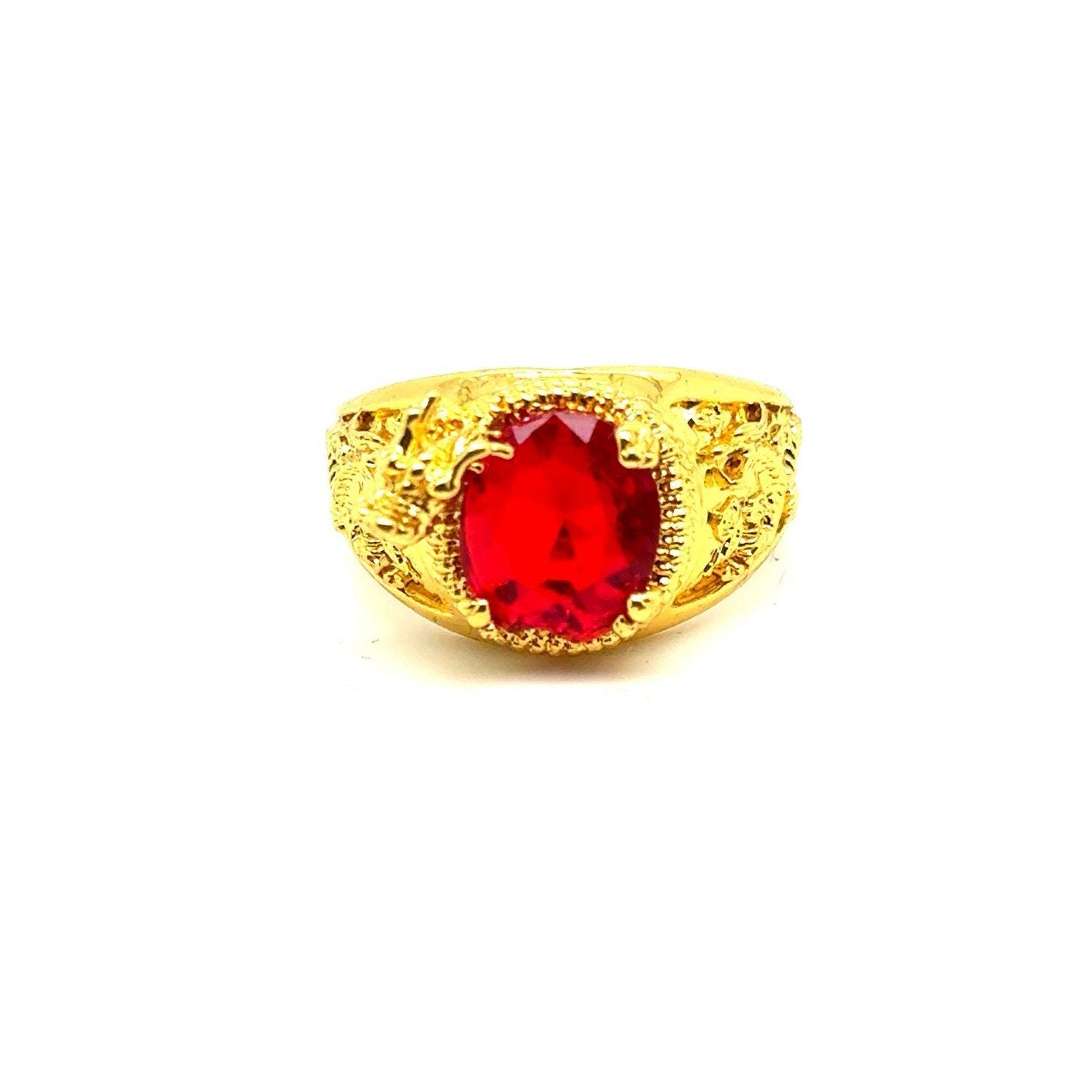 Oval Shaped Garnet Colored Ring with Small Dragon