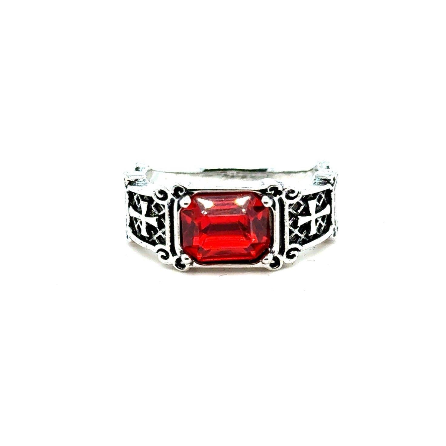 Garnet Colored Crosses Sides Ring