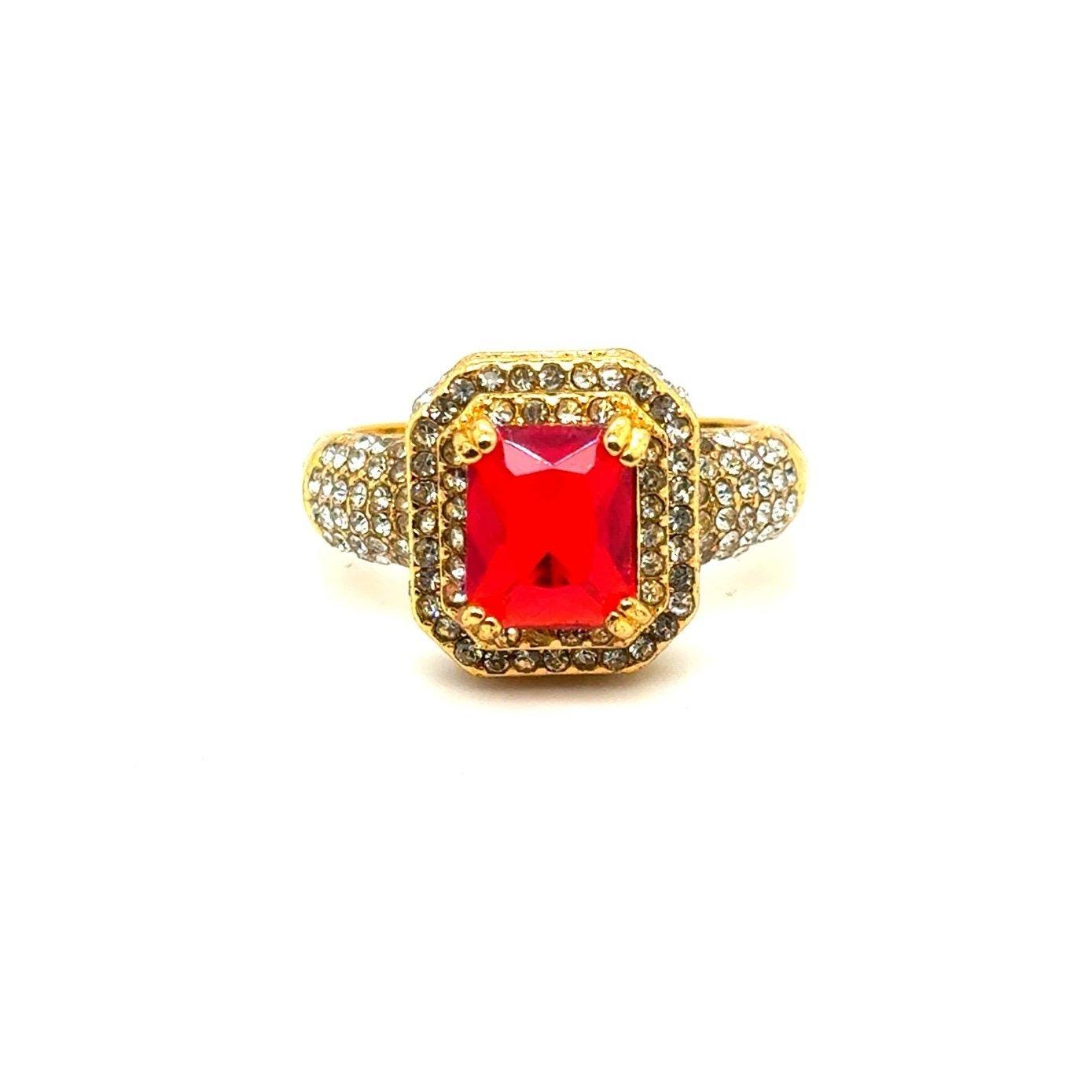 Garnet Colored Stone with Pave Rhinestones Ring