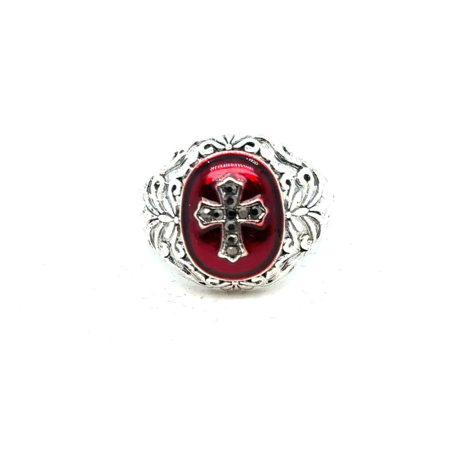 Red Enamel With Rhinestones Cross Ring