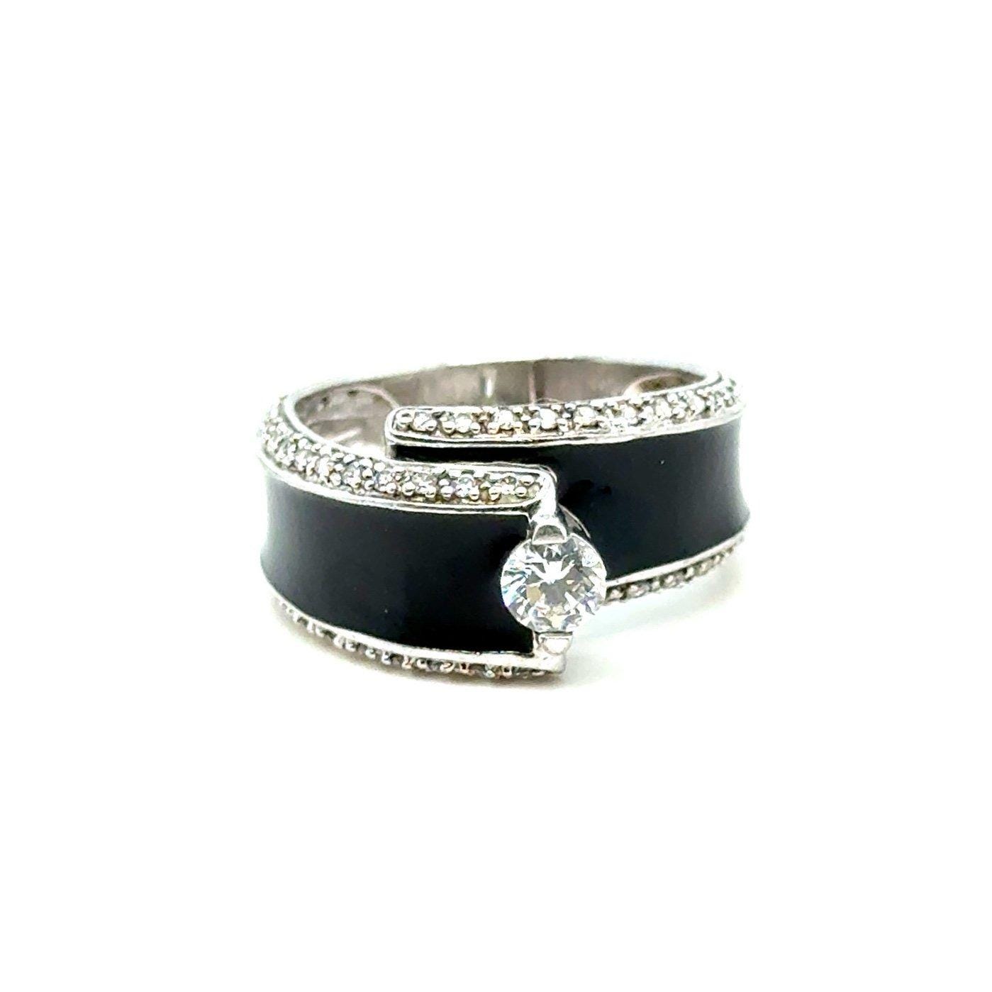 Black Band Silver 925 Solitaire Cz Ring