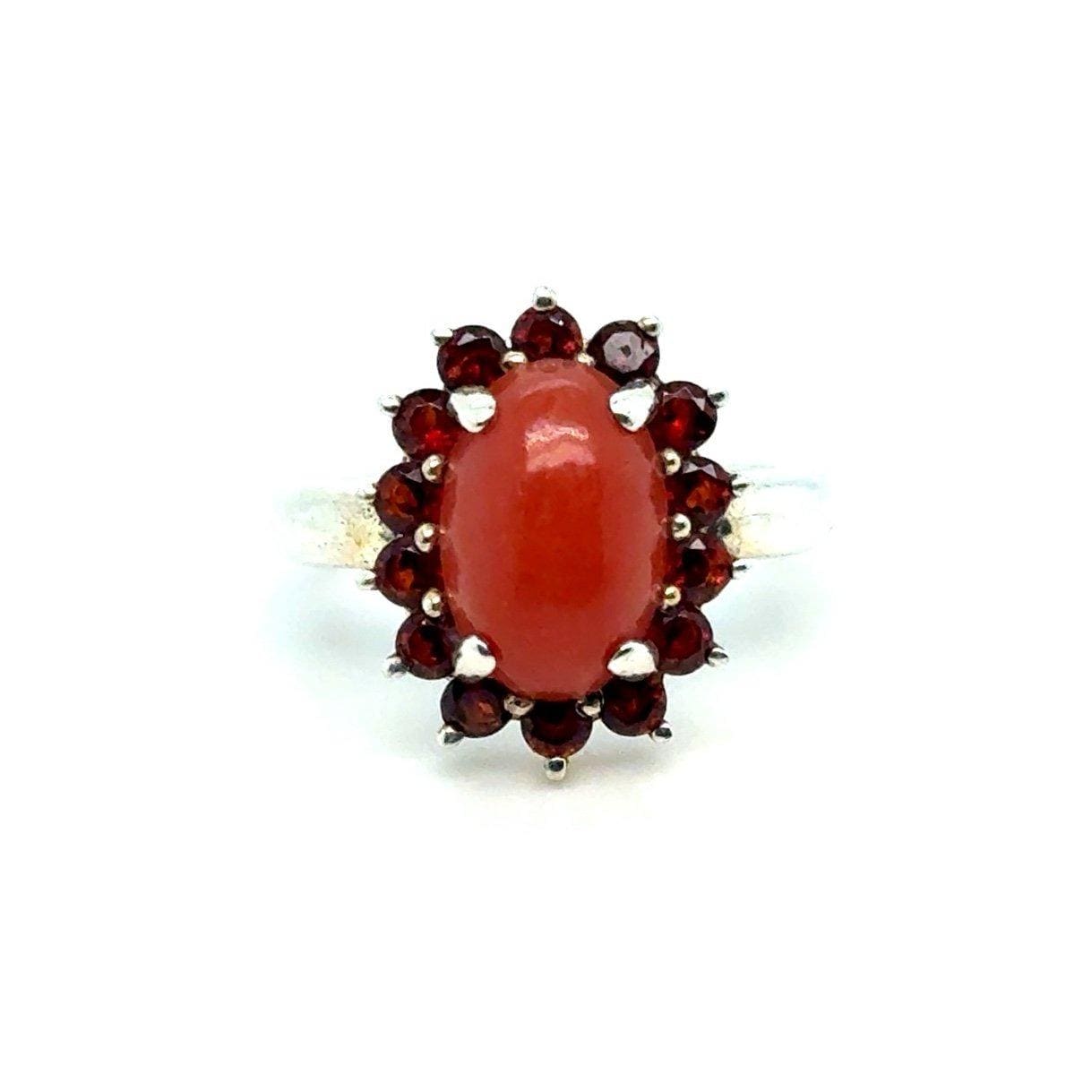 Lovely 925 Silver Orange/Red Stones Statement Ring