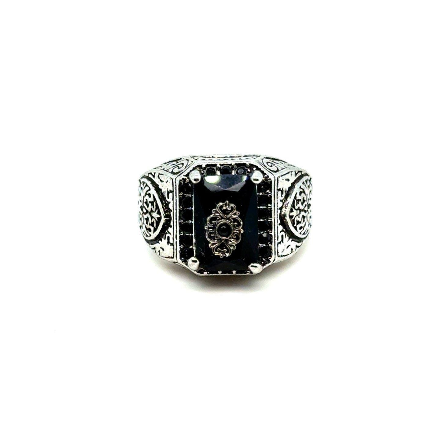Black Stone Silvertone Ring