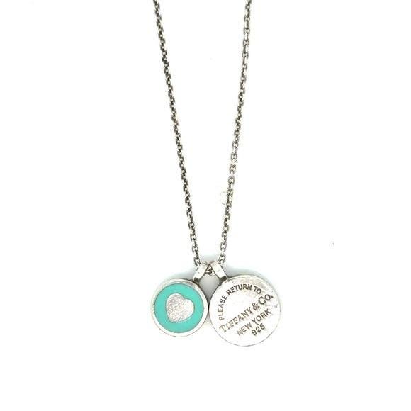 Tiffany & Co. Silver Necklace with Turquoise Enamel Heart and Round Tag