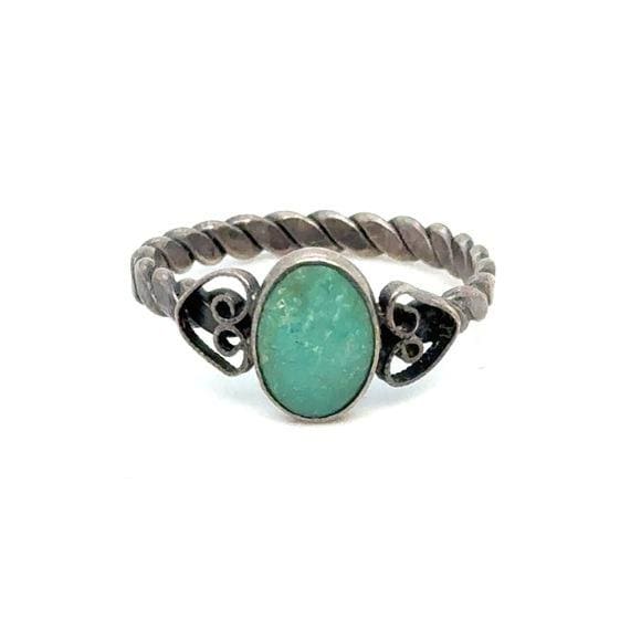 Silver Turquoise Oval Ring with Heart Accents
