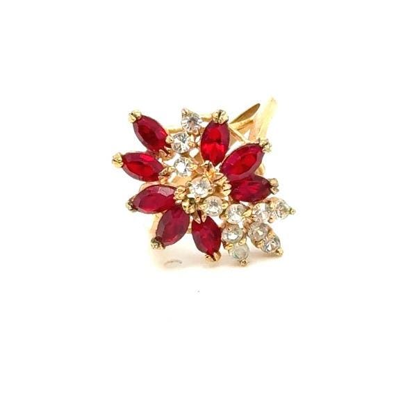 Gold-Tone Red Crystal Floral Cocktail Ring
