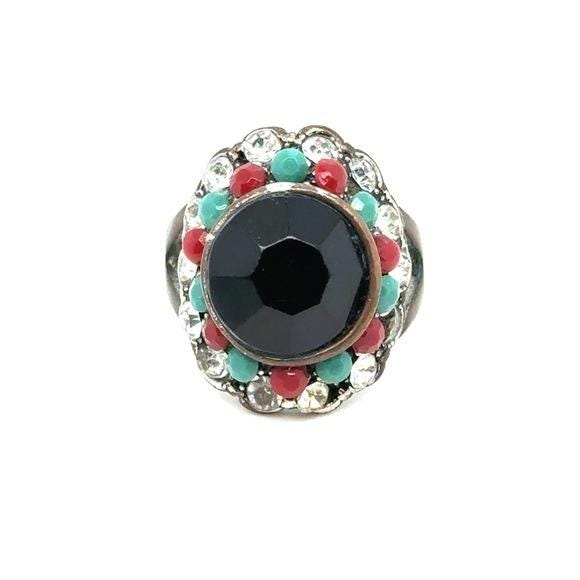 Fashionable Black Center Multicolor Beaded Ring