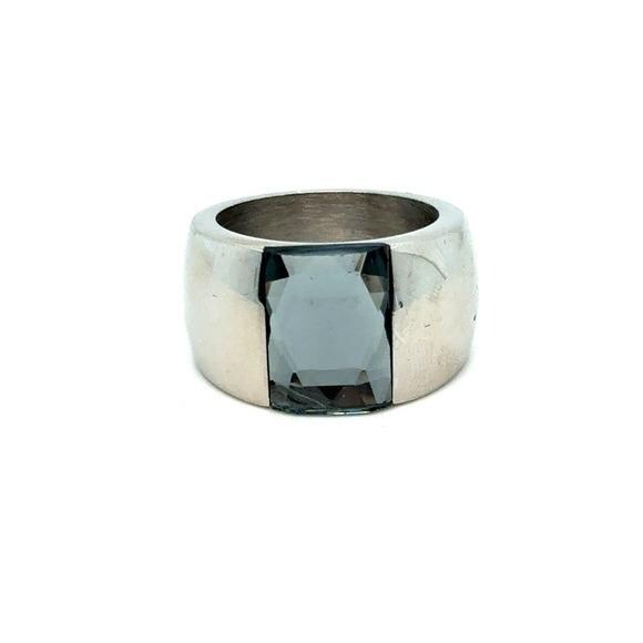 Wide Silver Band Ring with Rectangular Smoky Stone - Women’s Jewelry