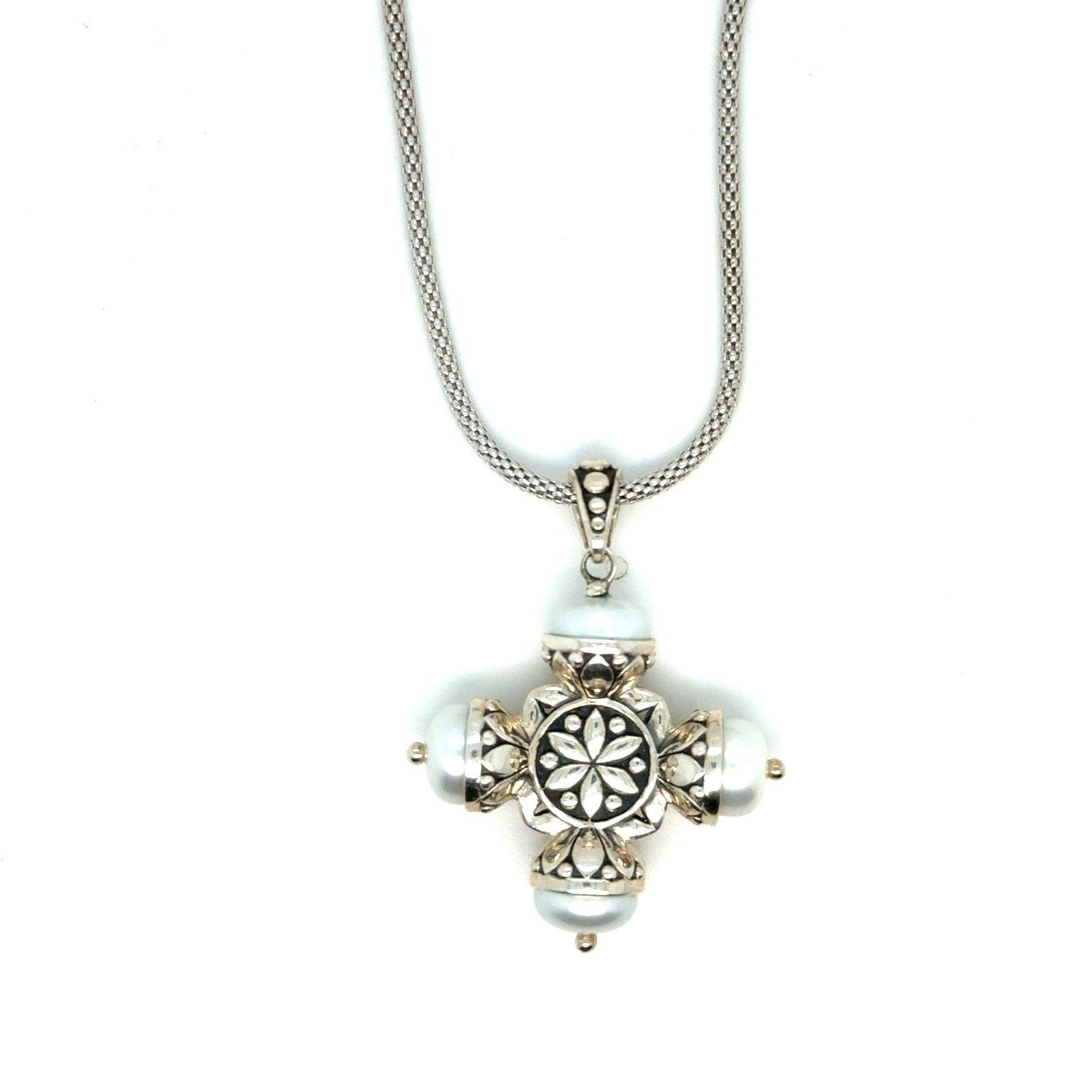 Sterling Silver 925 4-Pearls Cross Necklace