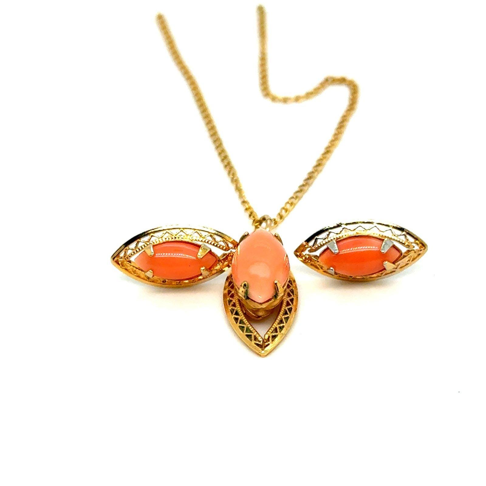 12K Gold Filled Coral Necklace & Stud Set