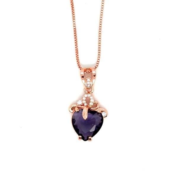 Rose Gold Heart Pendant Necklace with Deep Purple Stone (n3)