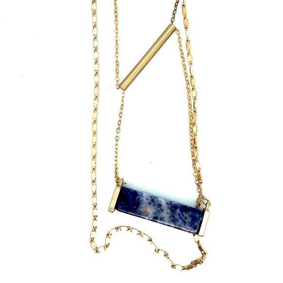Gold Layered Necklace with Blue Sodalite Bar Pendant (n3)