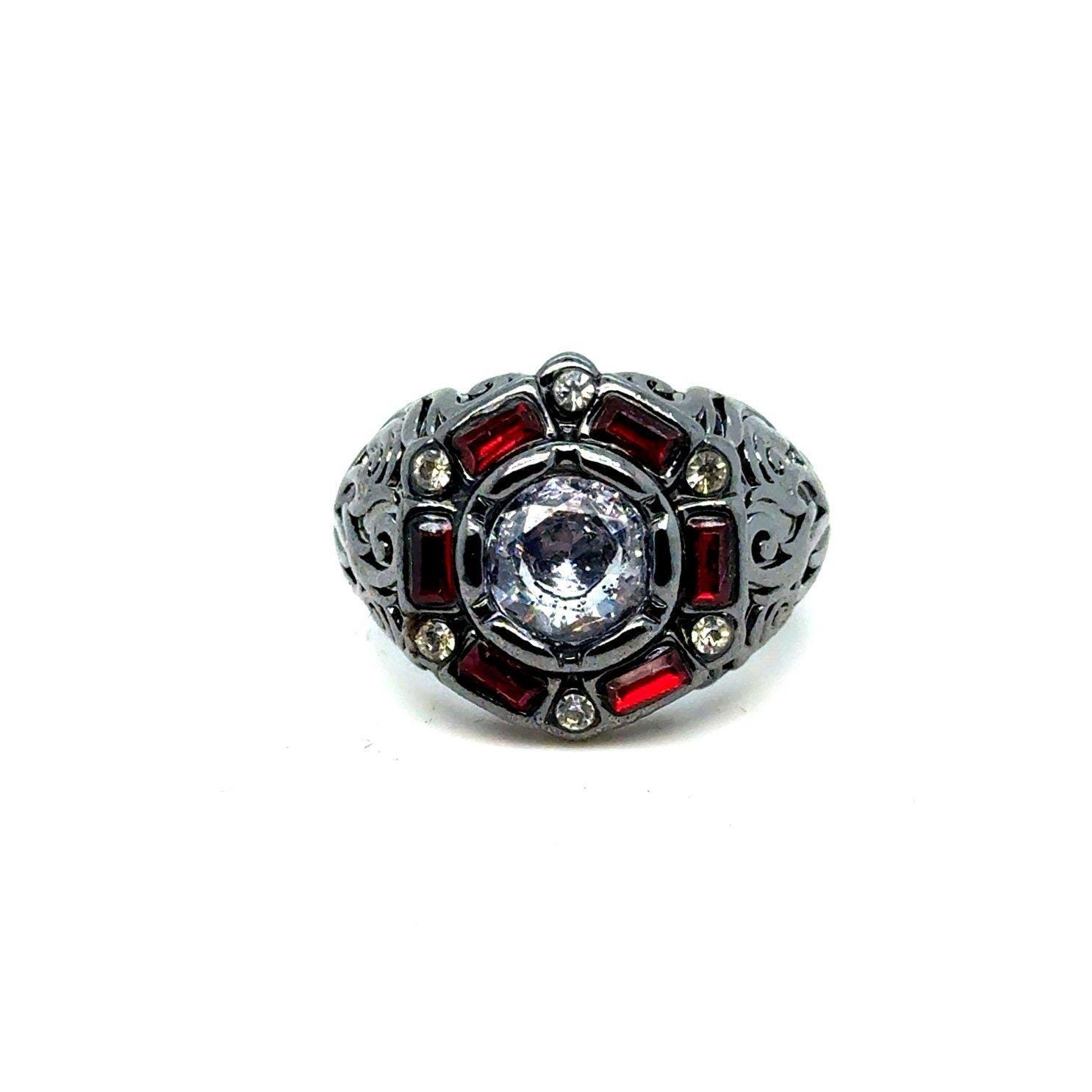 Black Band Red/White Stones Ring