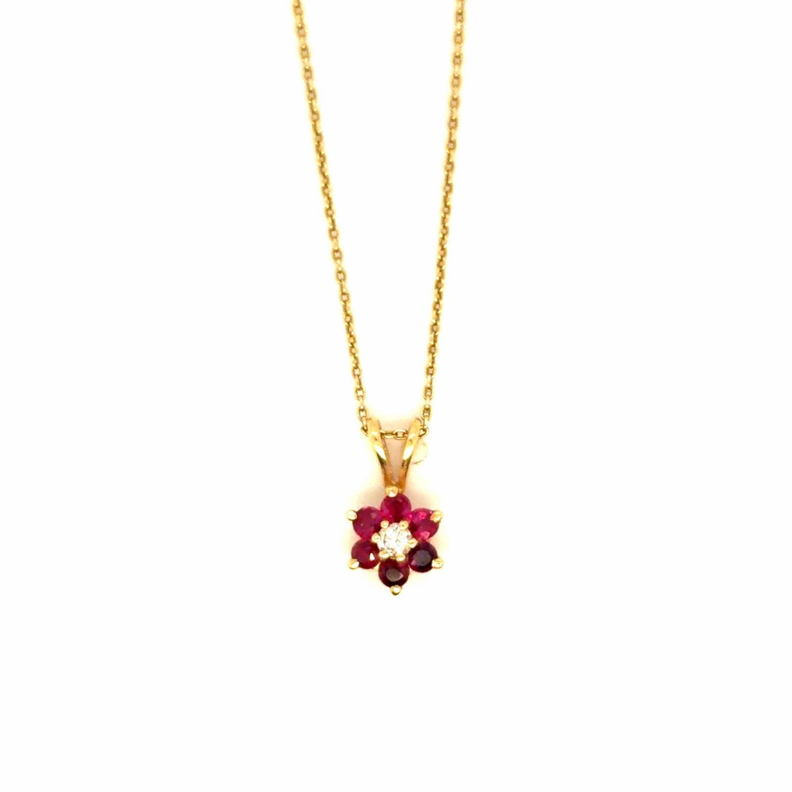 Stunning 14K Gold Rubies/Diamonds Flower Pendant Necklace