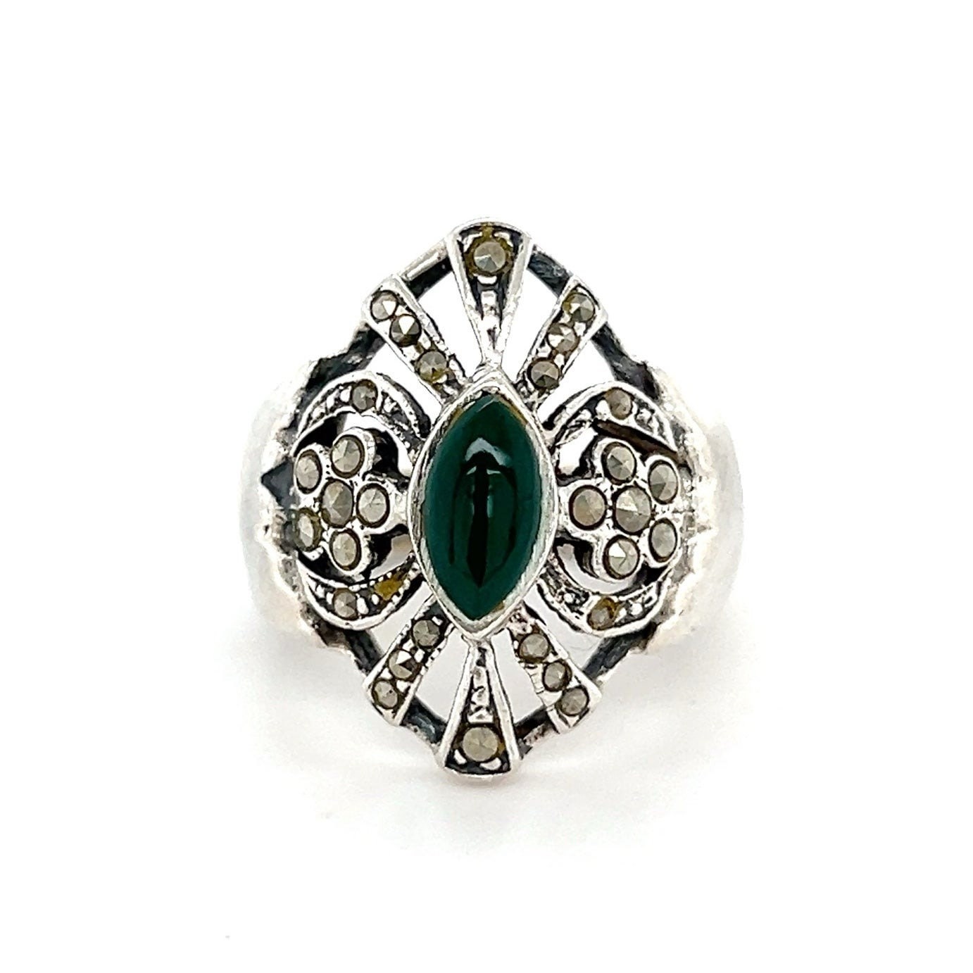Green Gem/Marcasites Sterling Silver 925 Ring