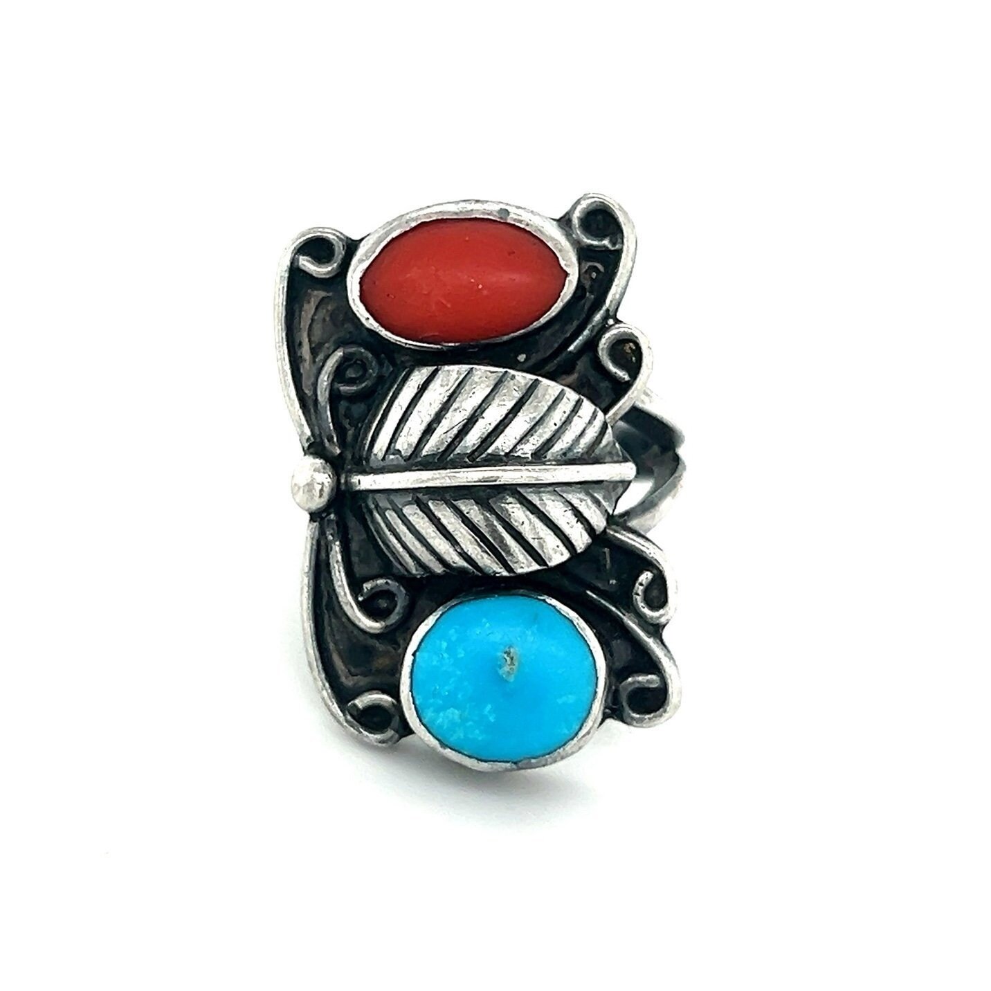 Silver Turquoise /Coral Ring