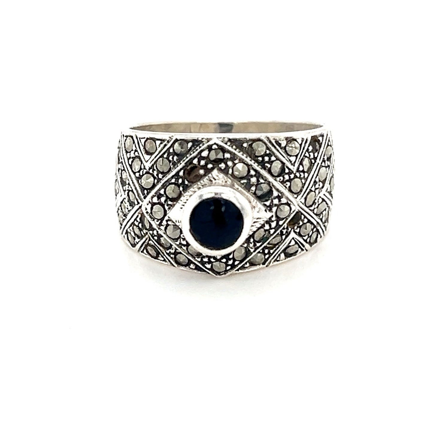 Bold Onyx/Marcasite Sterling Silver 925 Ring