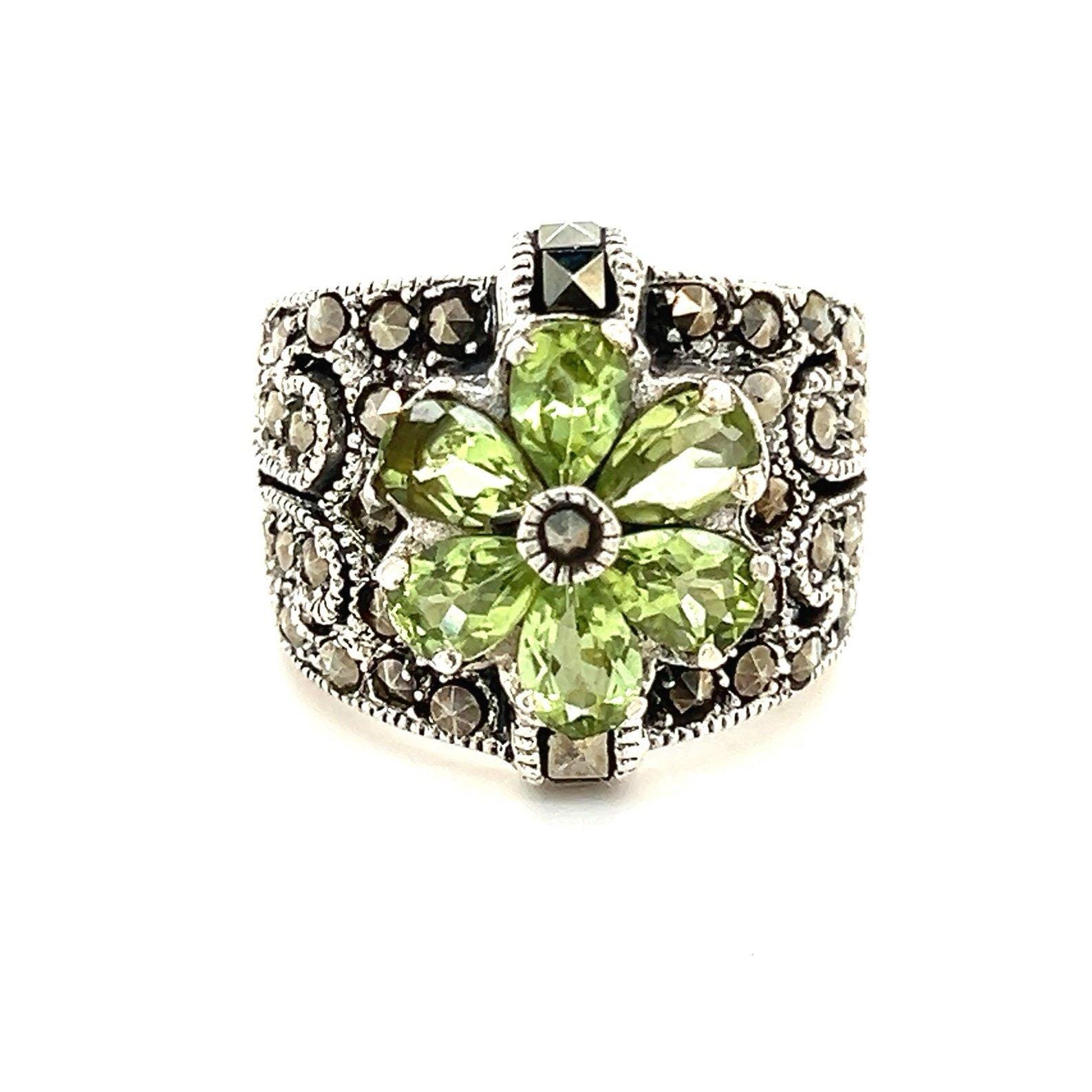Silver 925 Peridot/Marcasite Flower Ring