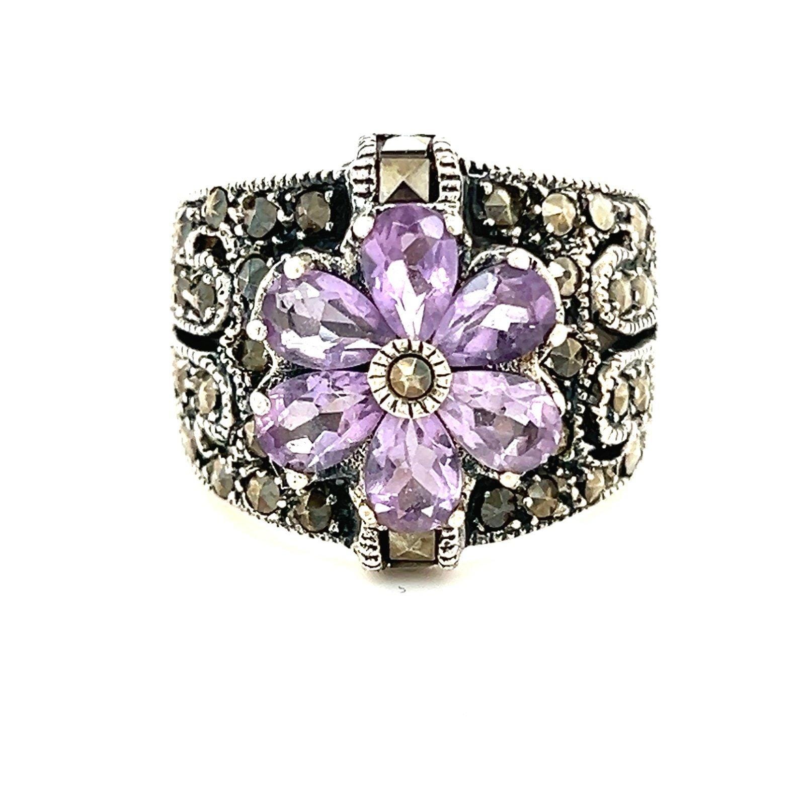 Silver 925 Amethyst/Marcasite Flower Ring