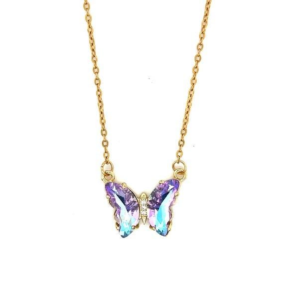 Stainless Steel Gold Butterfly Necklace with Purple and Blue Accents