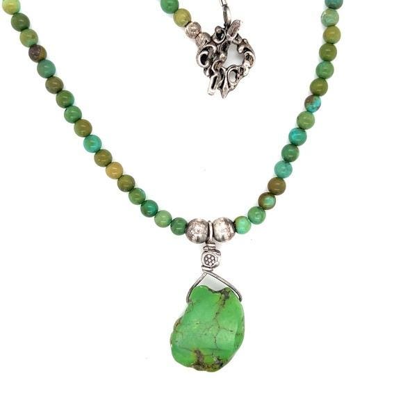 Green Beaded Necklace with Silver Accents