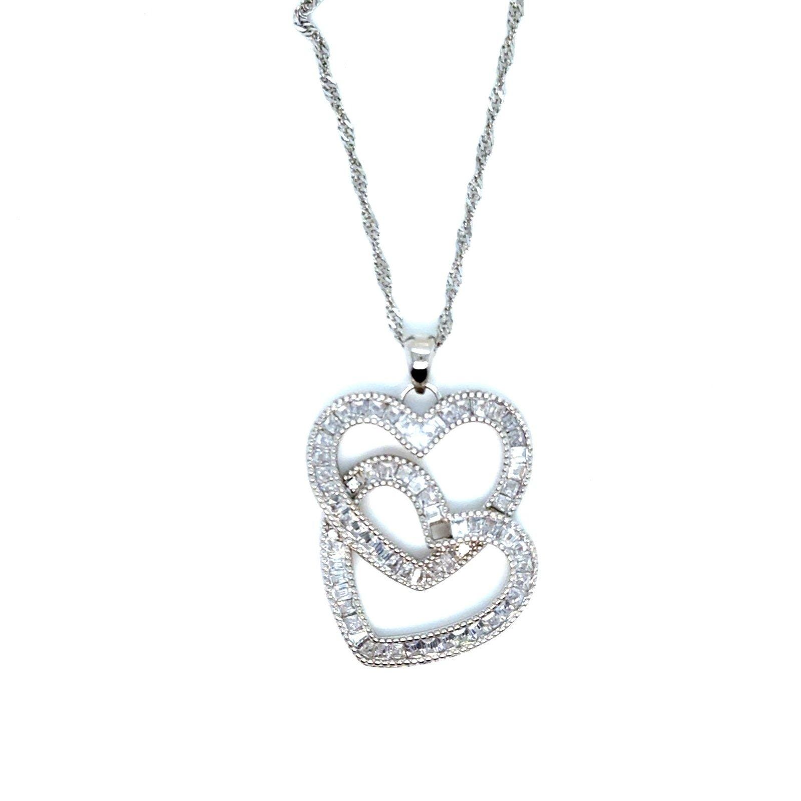Silver 925 Double Heart Baguette Cz Necklace