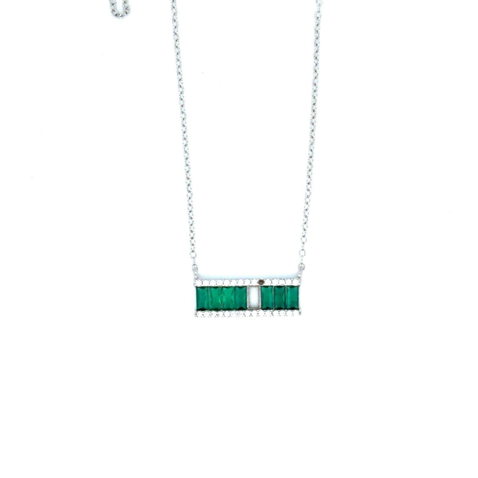 Silver 925 Green Emerald Cz Stones Bar Necklace
