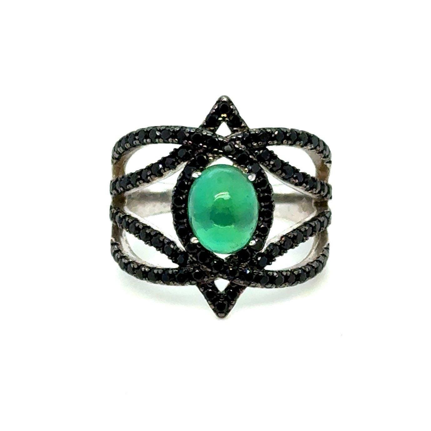 Silver Opal Like Spider Looking Black Stones Ring