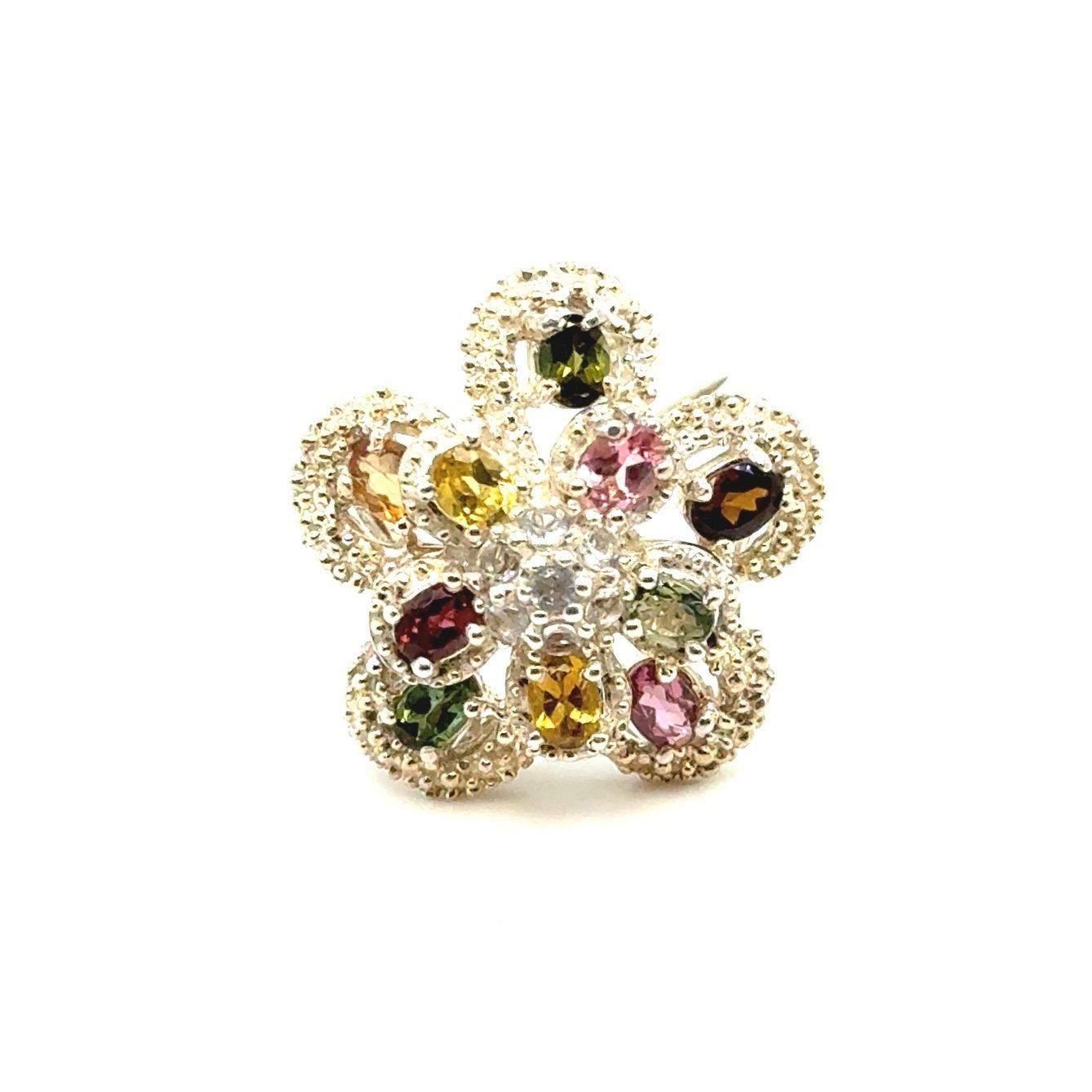 Vintage Silver 925 Multicolor Stones Flower Ring