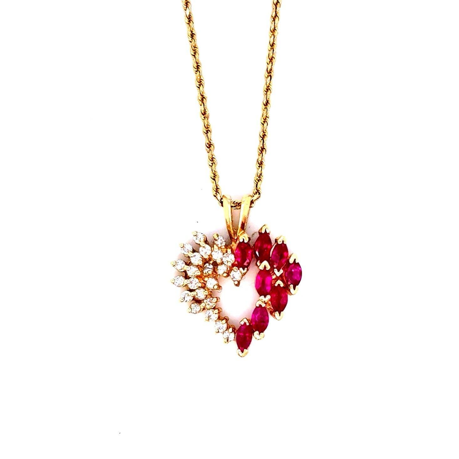 Stunning 14K Gold Rubies/Diamonds Heart Rope Chain Necklace