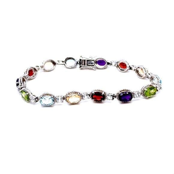 Multi-Gemstone Sterling-Style 925 Tennis Bracelet - Colorful Oval Stones