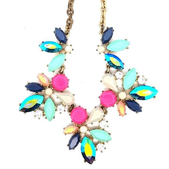 J. Crew Multicolor Floral Bib Necklace - Pink, Aqua, Navy & Cream