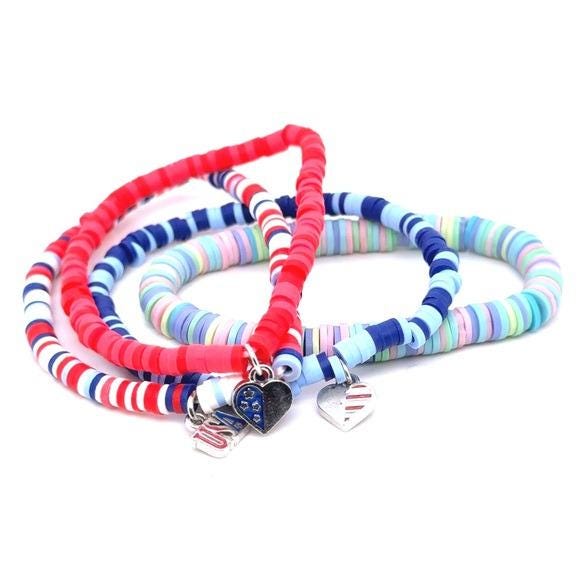 Kids Multicolor Heart Charm Stretch Bracelet Set - Red, Blue, Pastel (d)