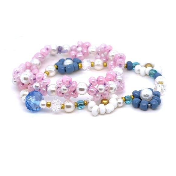 Handmade Pink & Blue Beaded Flower Bracelet Set - Women Jewelry (d)