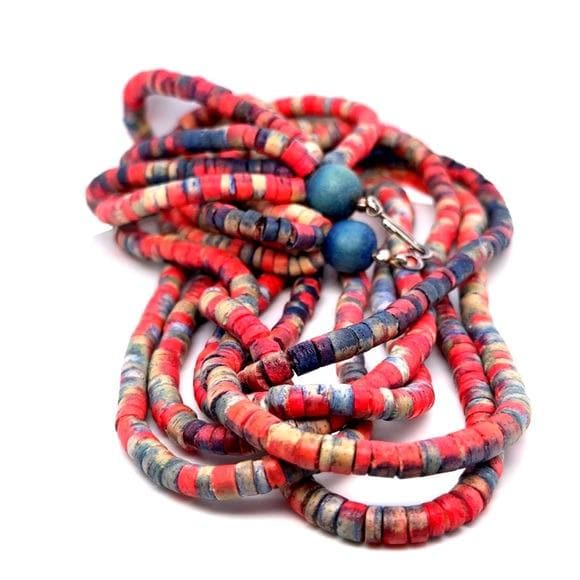 Colorful Multistrand Red-Beige Blue Bead Necklace (n1)