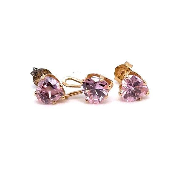 Delicate 14K Gold Pink Heart-Cut Stud Earrings & Pendant Set