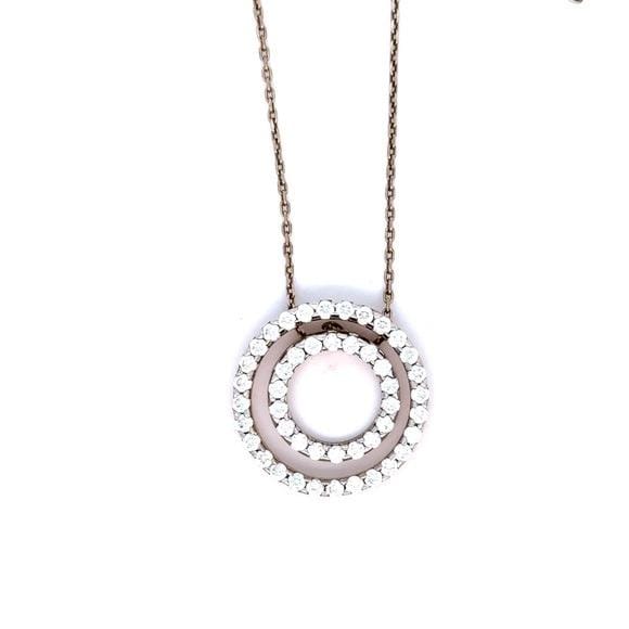 Gold Vermiel 925 Double Circle Pendant Necklace with Clear Crystals