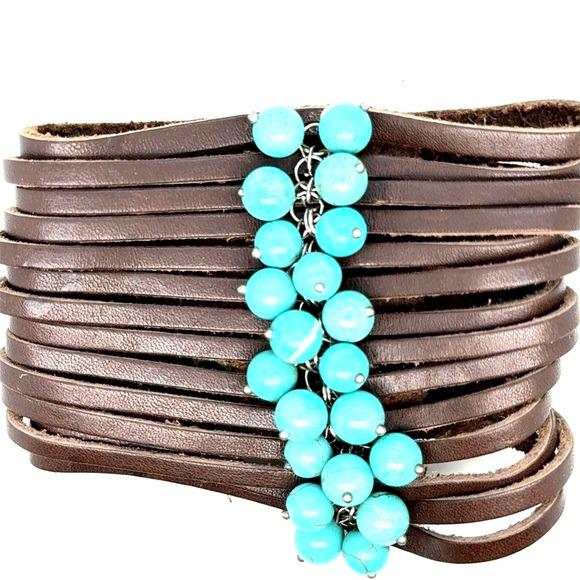 Turquoise Bead Brown Leather Wrap Bracelet - Women's Jewelry (d)