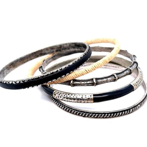 Mixed Metal and Black Wrapped Bangle Set - Women Jewelry (c1)