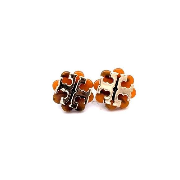 Tory Burch Orange and Gold Logo Stud Earrings