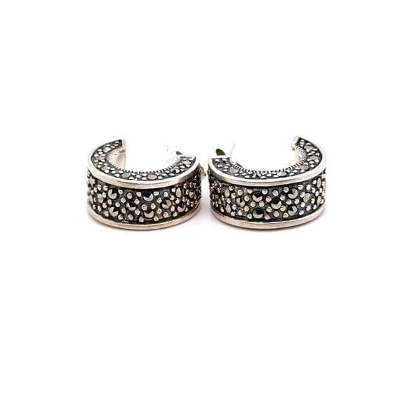 Sterling Silver 925 Marcasite Hoop Earrings - Black and Silver