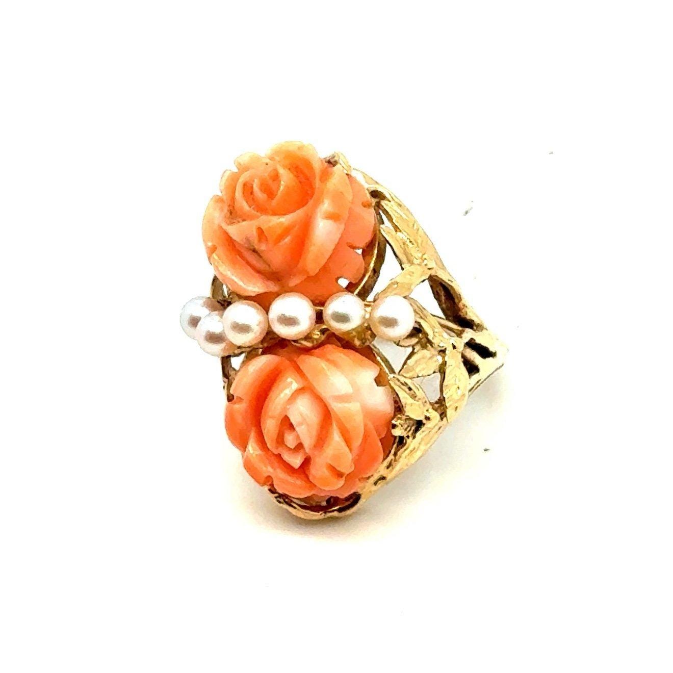 Vintage 14K Gold Carved Roses Seed Pearls Ring