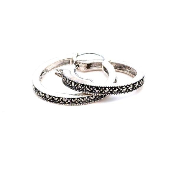 Sterling Silver 925 Marcasite Hoop Earrings - Silver