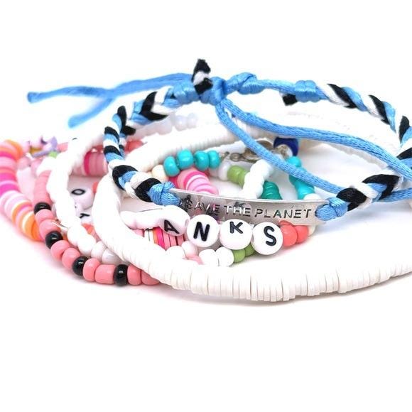 Kids Blue and White Beaded Friendship Bracelet Set (d)