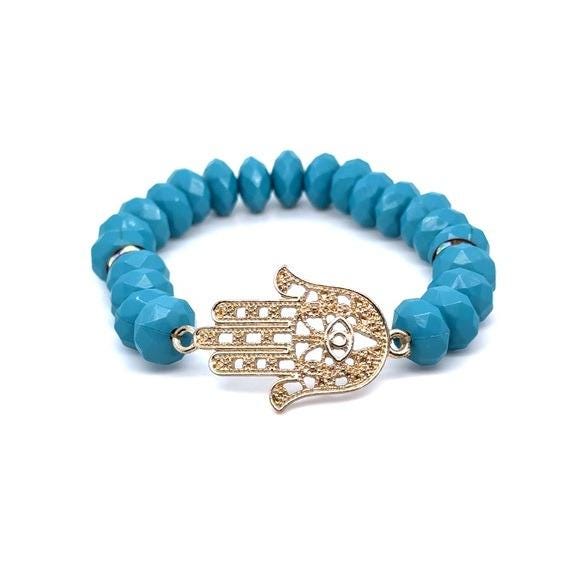 Turquoise Beaded Hamsa Charm Bracelet - Gold Accent (d)