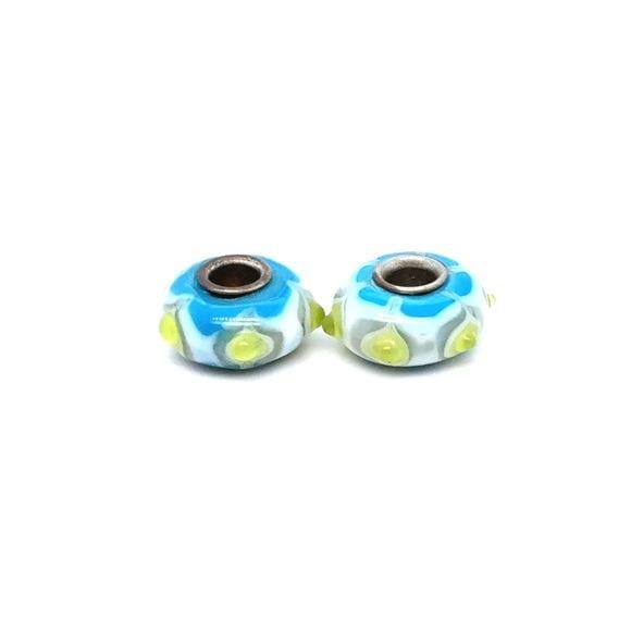 Glass Flower Beads Pair - Blue, White & Lime
