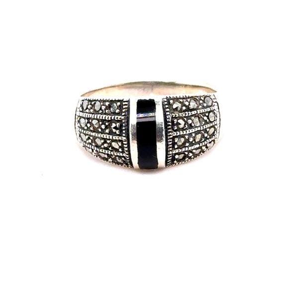 Vintage-Inspired Silver 925 Marcasite Ring with Black Onyx Accent
